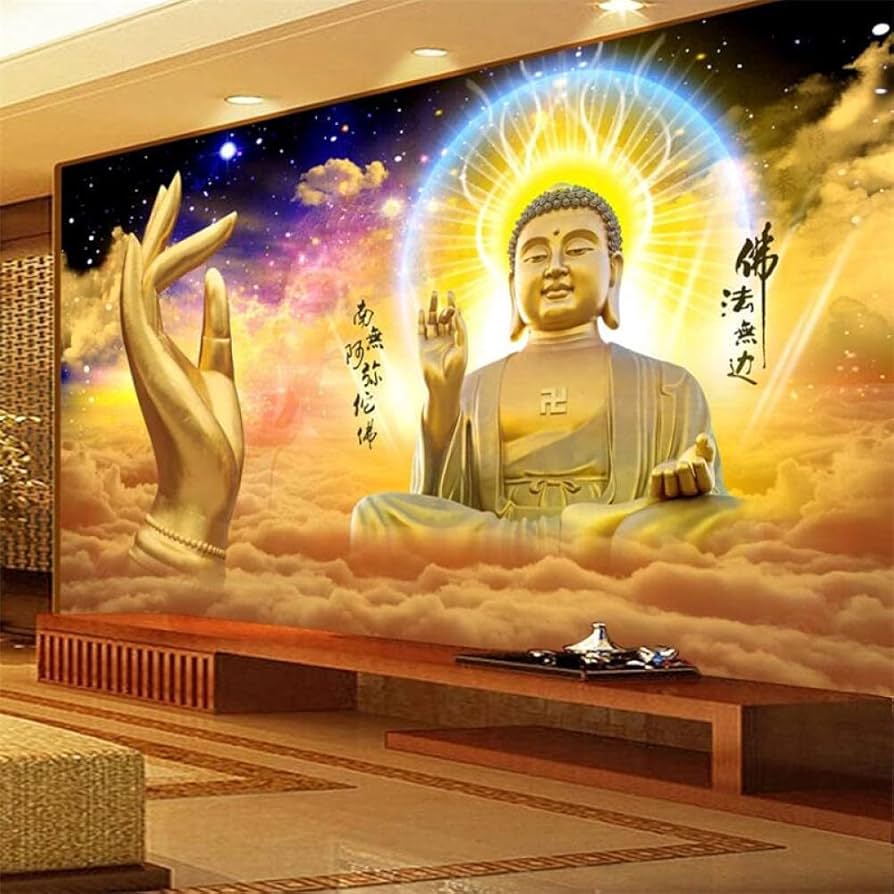 894x894 Custom Wallpaper 3D Buddha Light Shining Big Day Tathagata Enlightenment Golden Buddha Wall Picture Temple Fair Background Wallpaper 430 cm (L) x 300