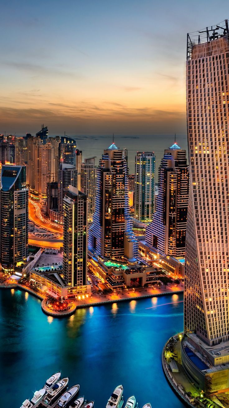 736x1308 dubai, uae, buildings, skyscrapers, night. Stad, Dubai, Stadsstrand