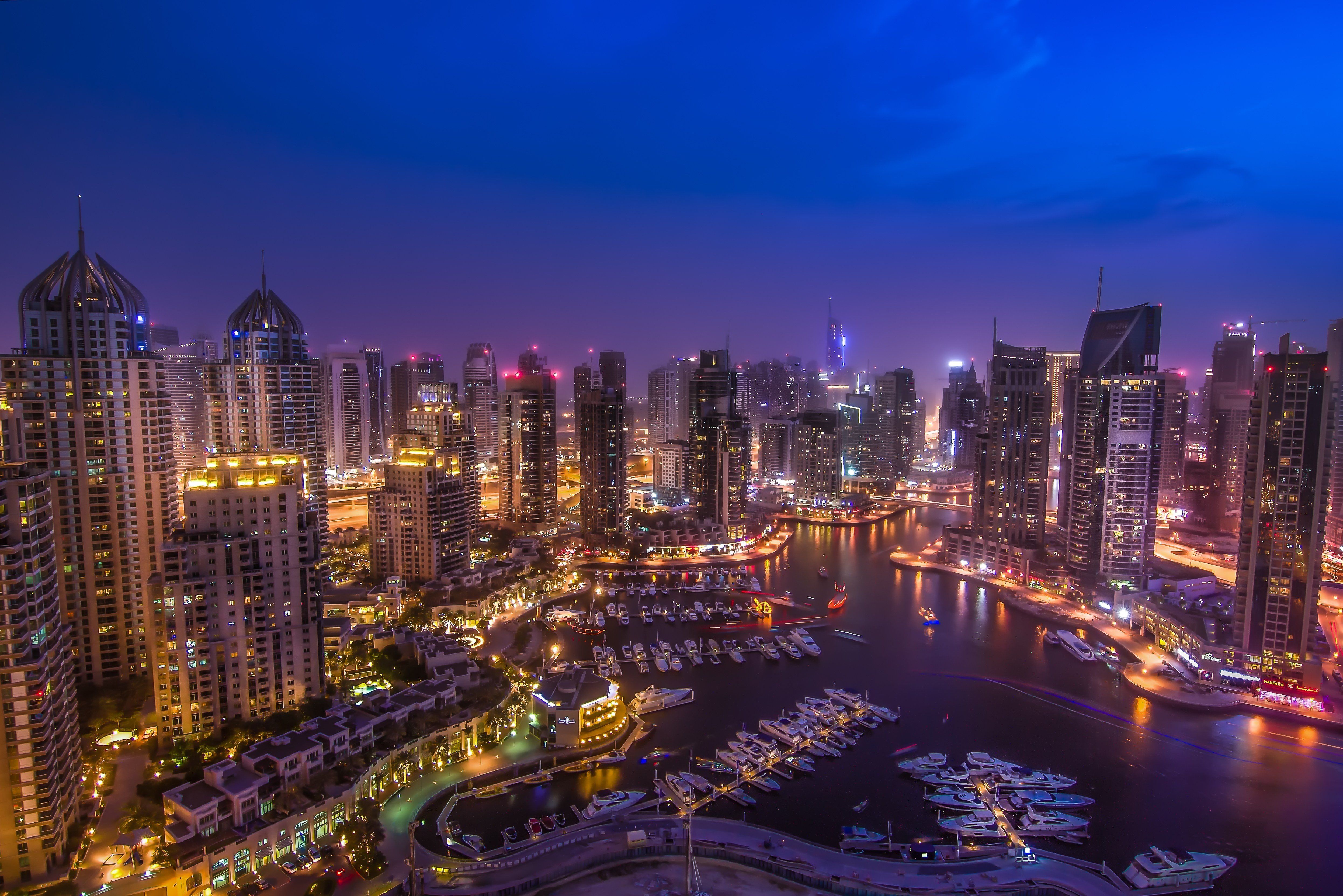 4985x3325 dubai, Uae, Night, City, Roads, Buildings, Skyscraper, Night, Lights, Bay, Harbor, Marina Wallpaper HD / Desktop and Mobile Background