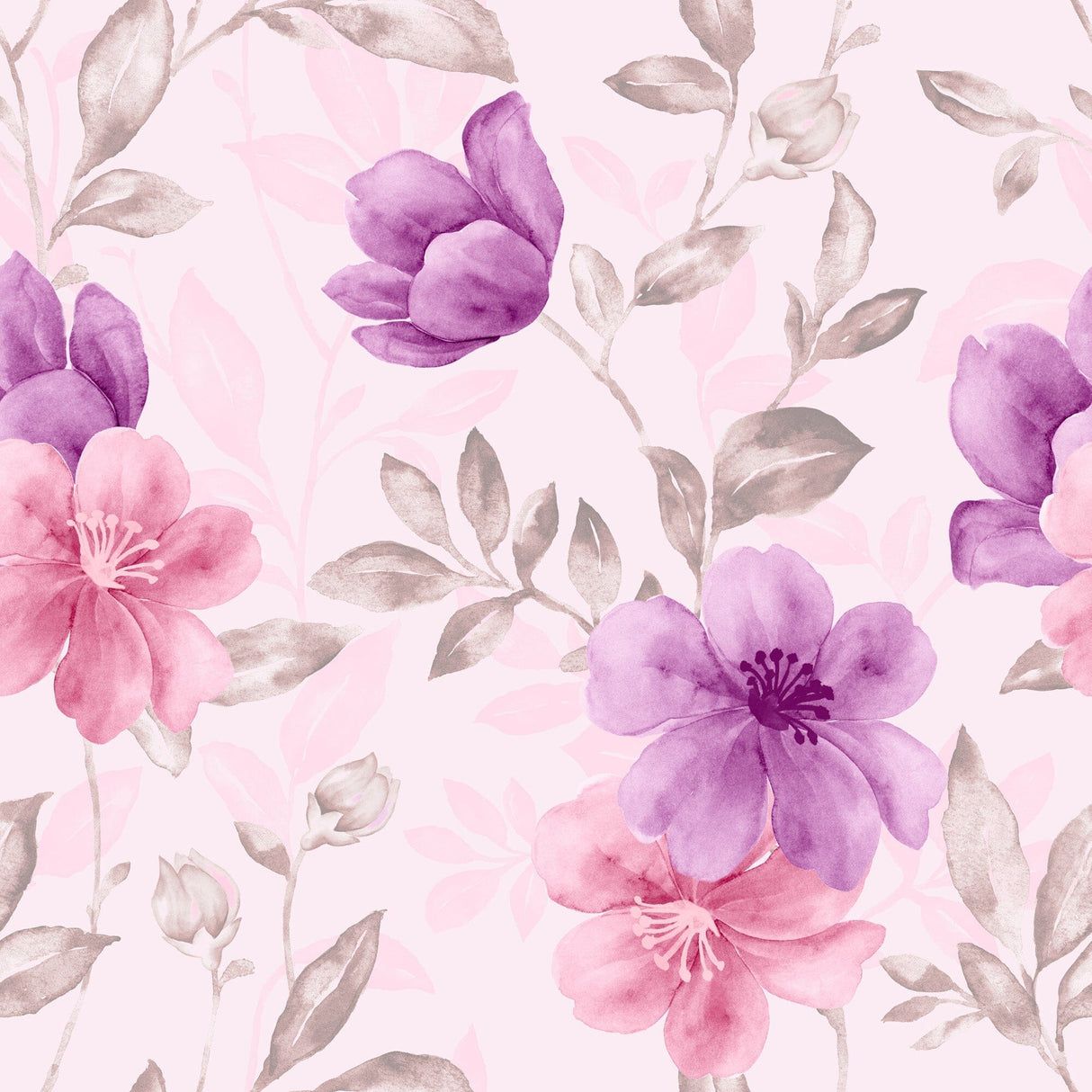 1214x1214 Watercolor aquarelle pink and purple floral pattern Peel and Stick Wal
