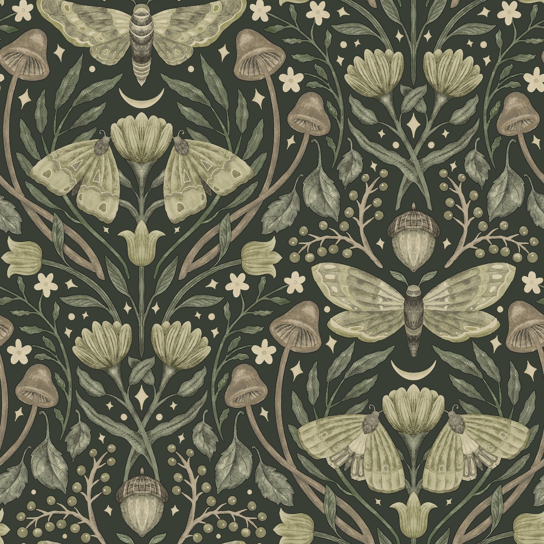 1800x1800 Chesapeake 4169 83120 Mystic Moth Dark Green Forest Magic Wallpaper