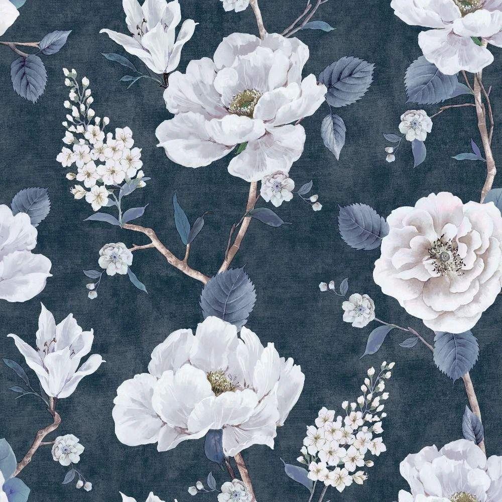 1000x1000 Arthouse Ashley Floral Navy Blue & Dove White Rose Flowers Wallpaper 925505