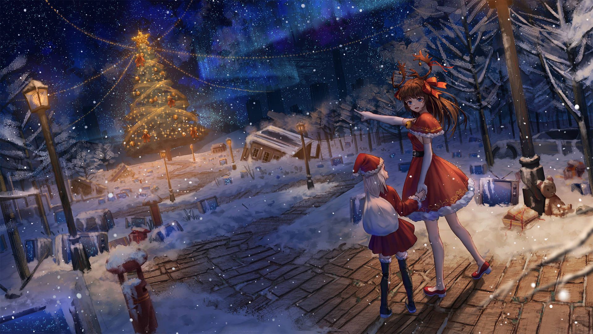 1920x1080 Download Anime Girl Holding Hands During Christmas Wallpaper