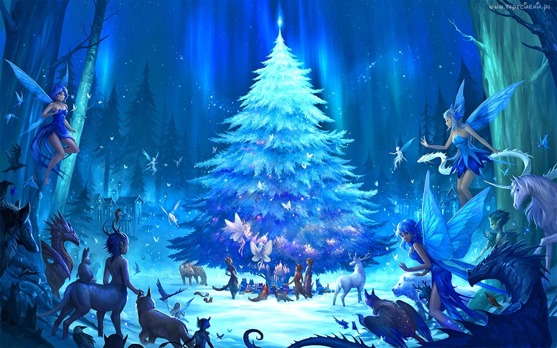 1920x1200 Wallpaper forest, fantasy, holiday, elf, tree, new year, anime, art for mobile and desktop, section новый год, resolution 1920x1200
