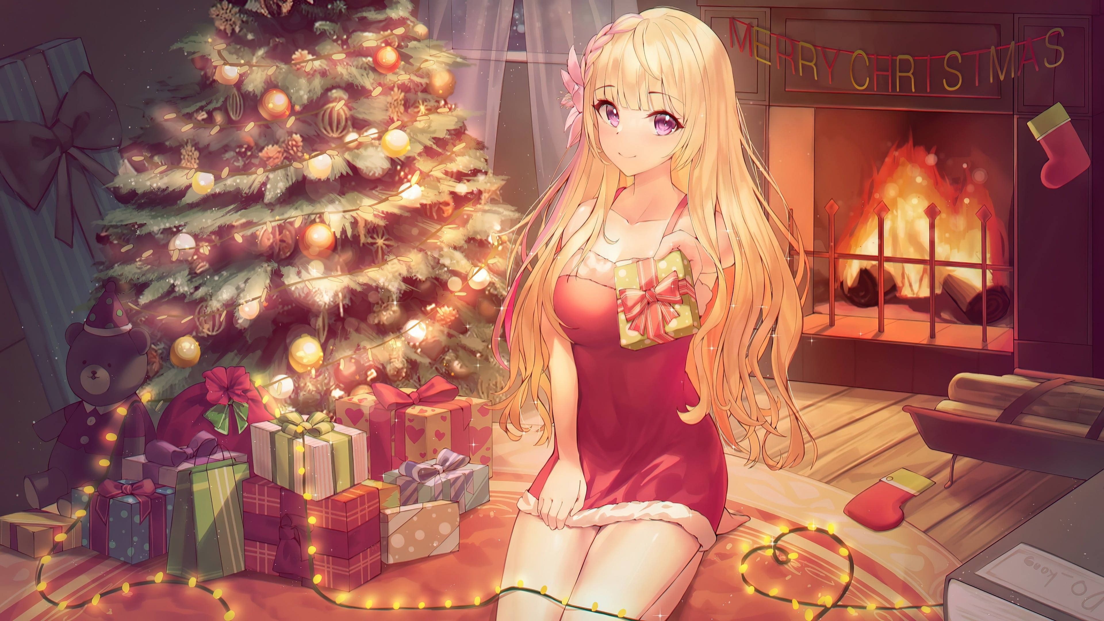 3840x2160 Christmas Anime Girl Wallpaper 4k for Desktop
