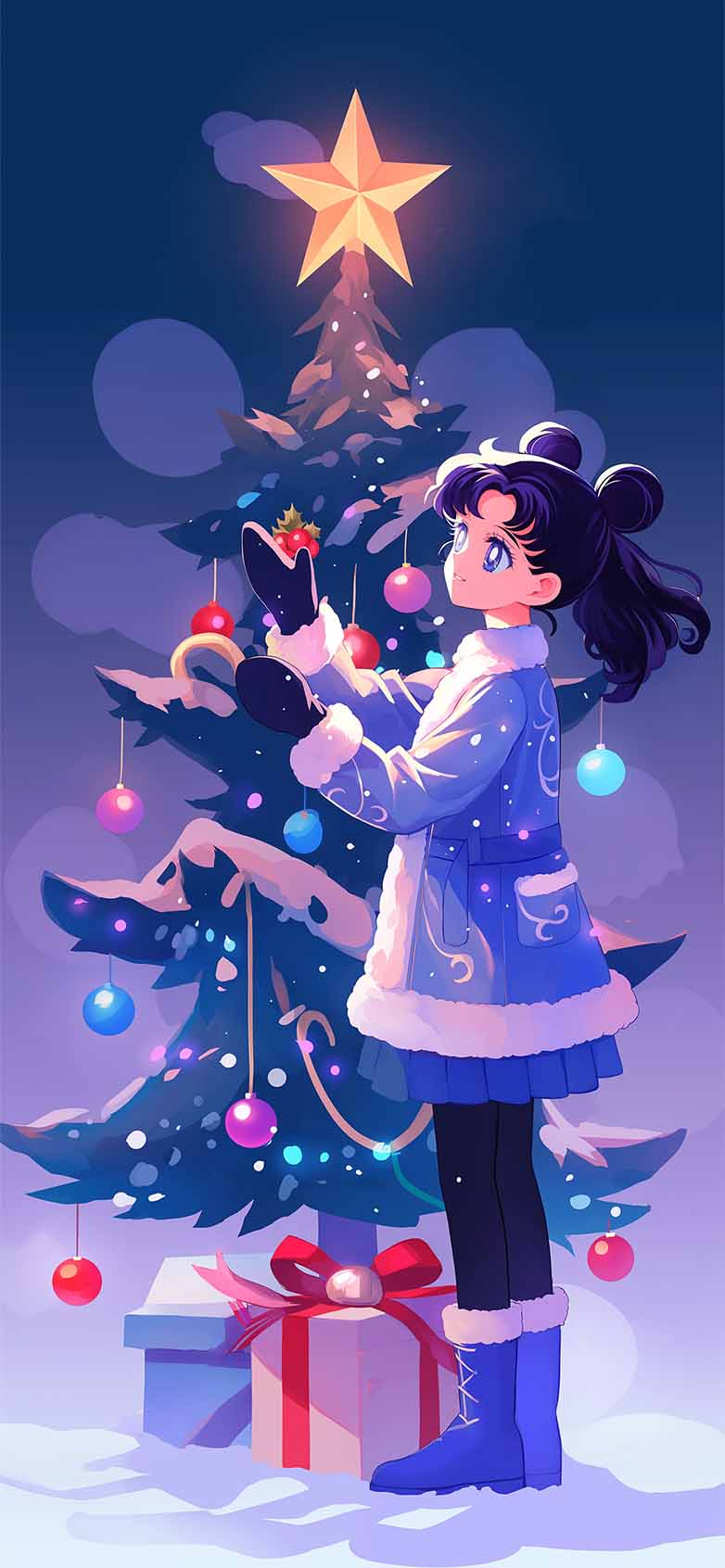 782x1692 Anime Girl Cozy Christmas Tree Wallpaper Year Wallpaper