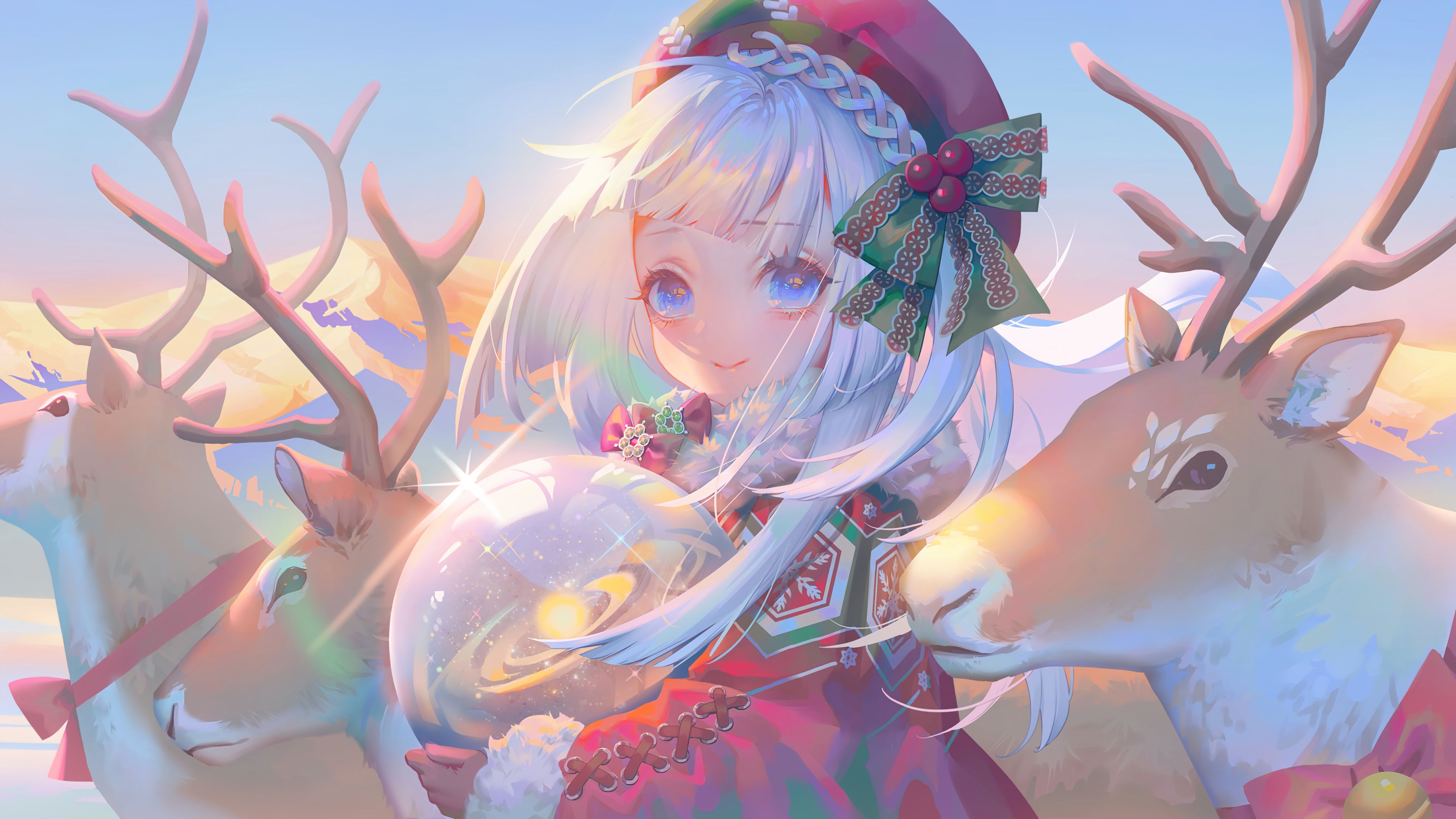 3840x2160 Santa Cute Anime Girl Reindeer Christmas Wallpaper 4K PC Desktop e