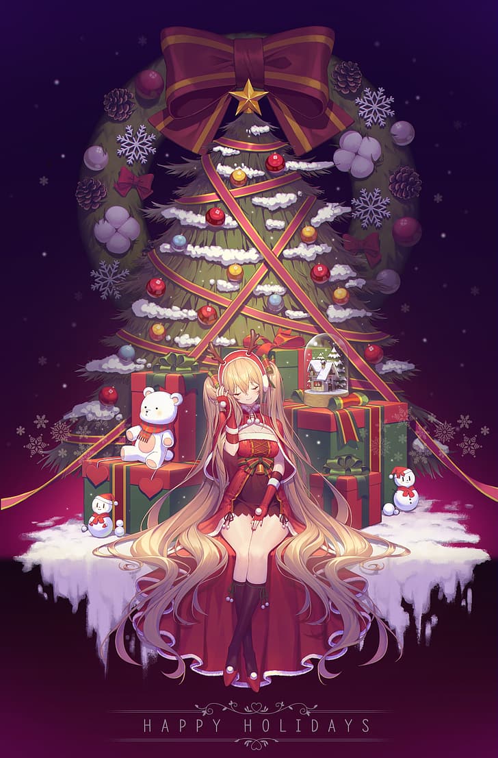 728x1106 1080x2340px. free download. HD wallpaper: anime girls, Santa costume, Christmas Tree, Christmas presents