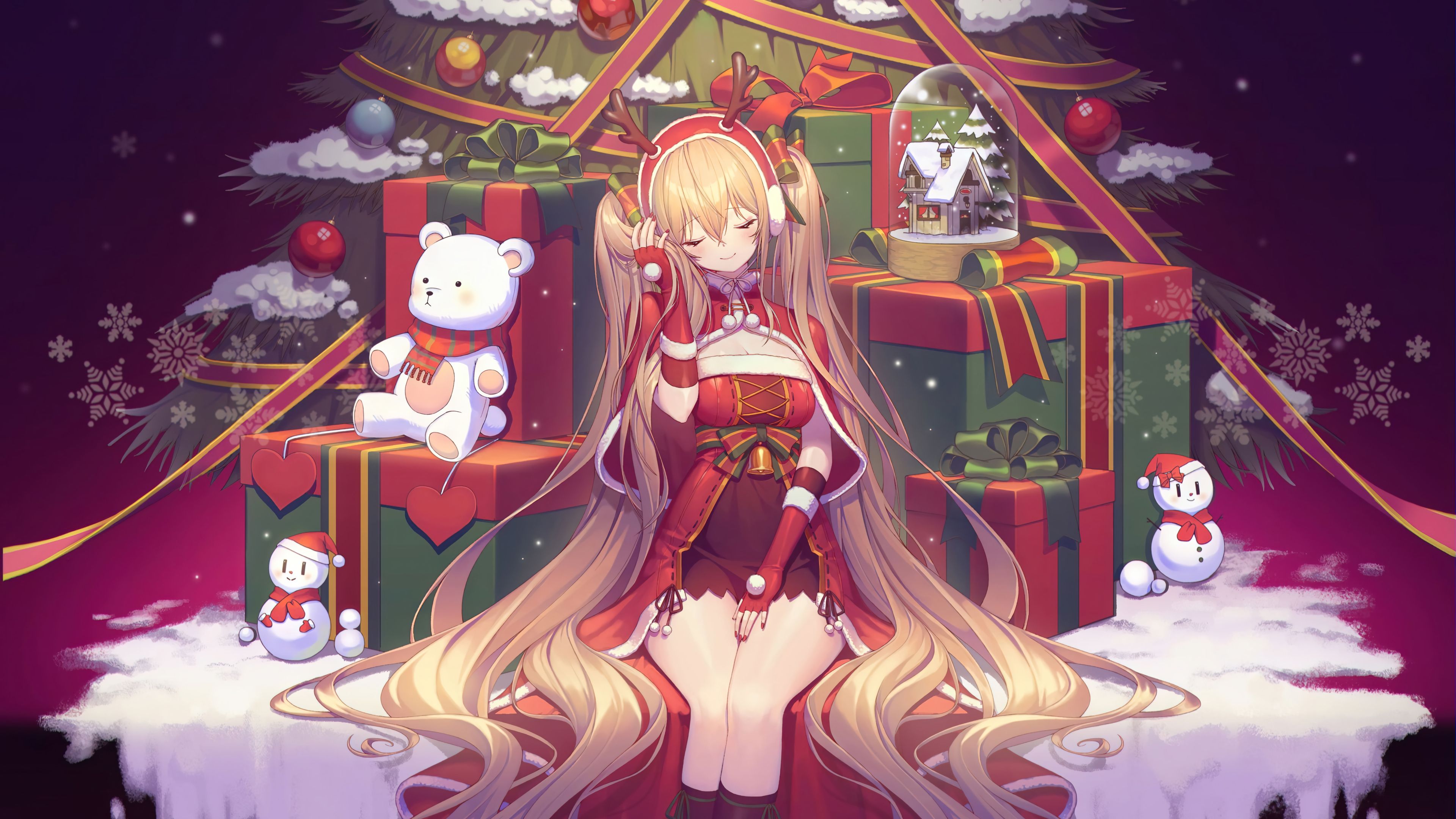 3840x2160 Christmas Tree Gifts Anime Santa Girl Wallpaper 4K HD PC h