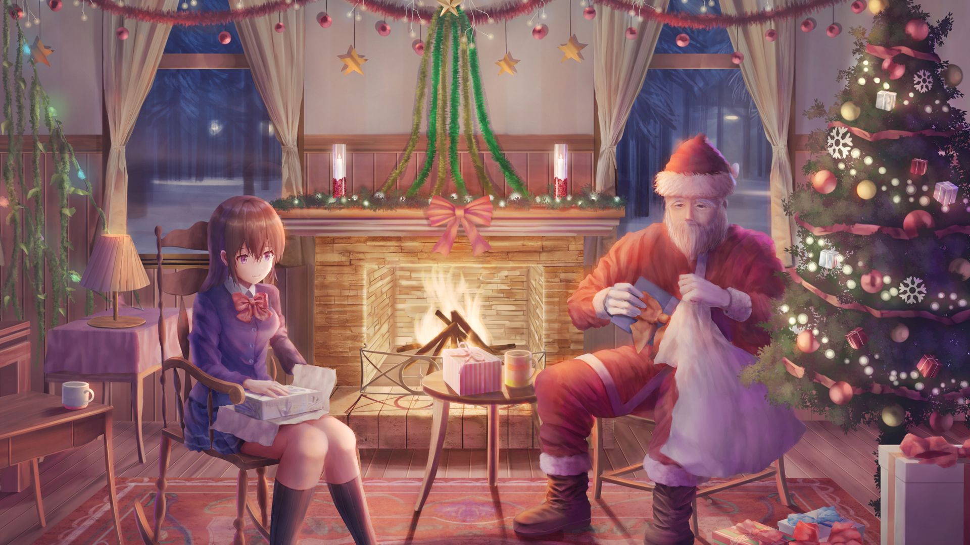 1920x1080 Anime Girl Christmas Decoration Tree Santa Claus HD Anime Wallpaper