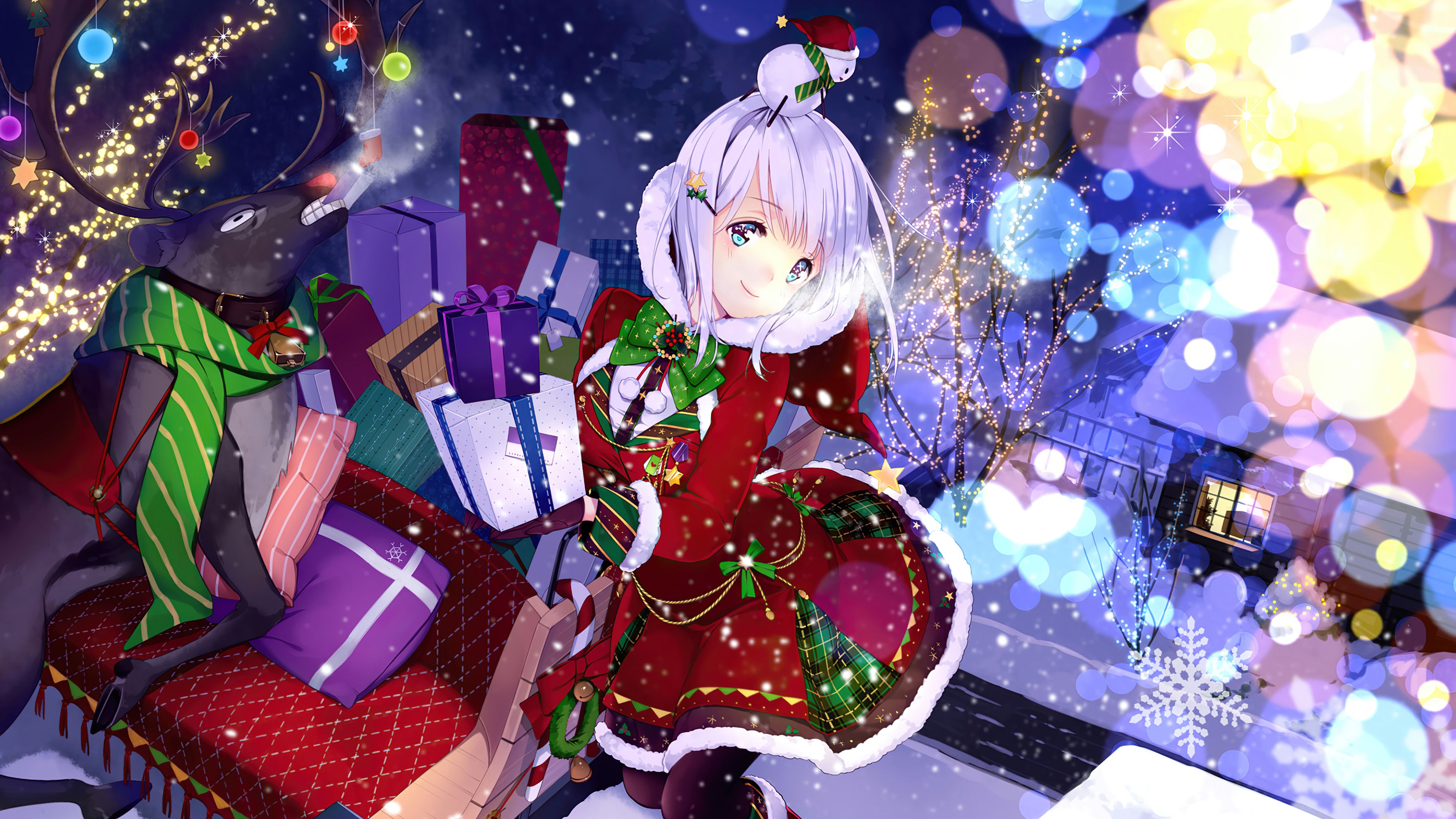 3840x2160 Christmas Anime Santa Girl Gifts Sleigh Wallpaper 4K HD PC h