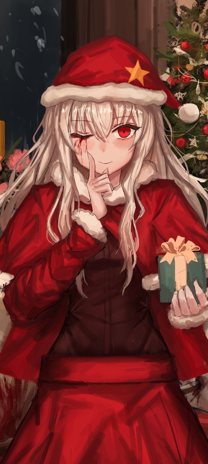 720x1600 Phone wallpaper: Christmas, Anime, Girl, Santa Hat, Red Eyes, White Hair 1425743