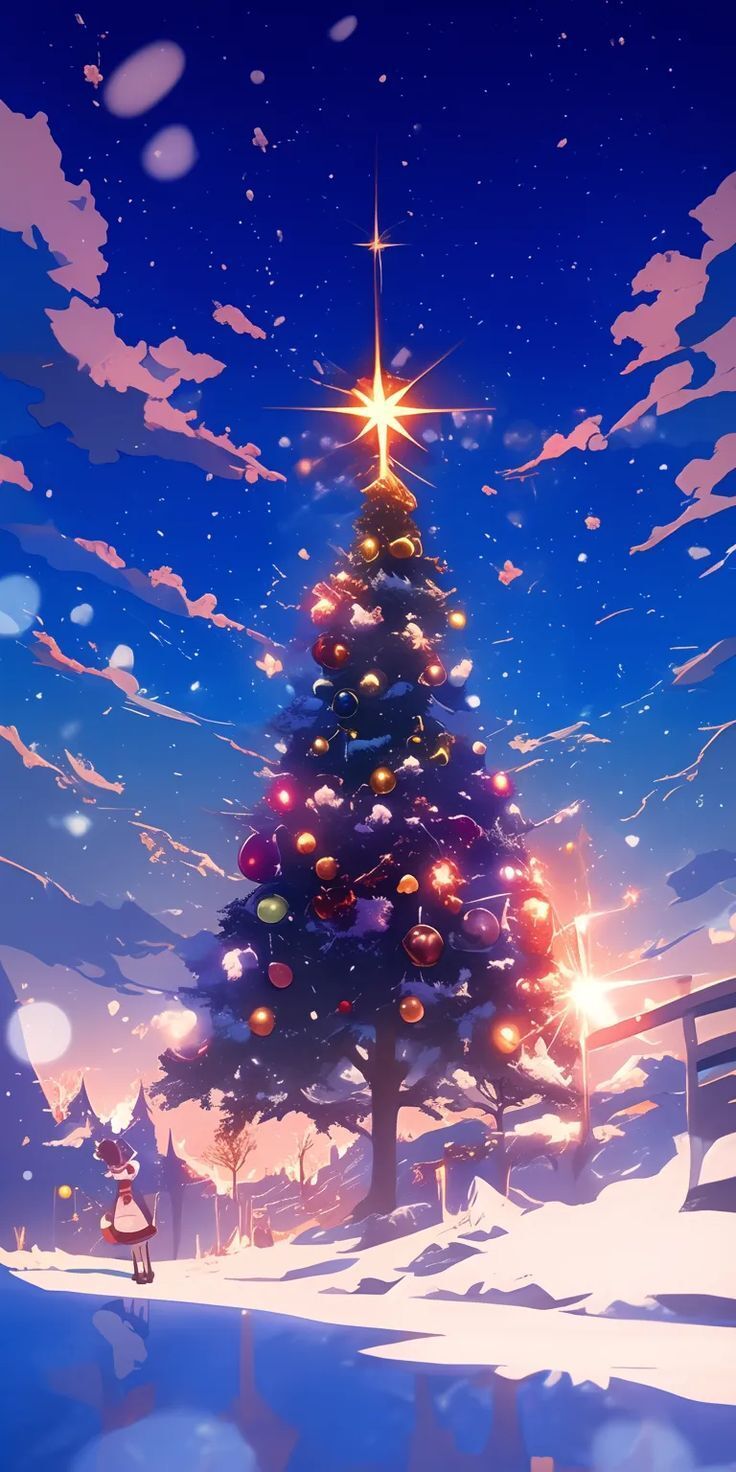 736x1472 Xmas Christmas Anime Tree Pine Star Clouds Snow