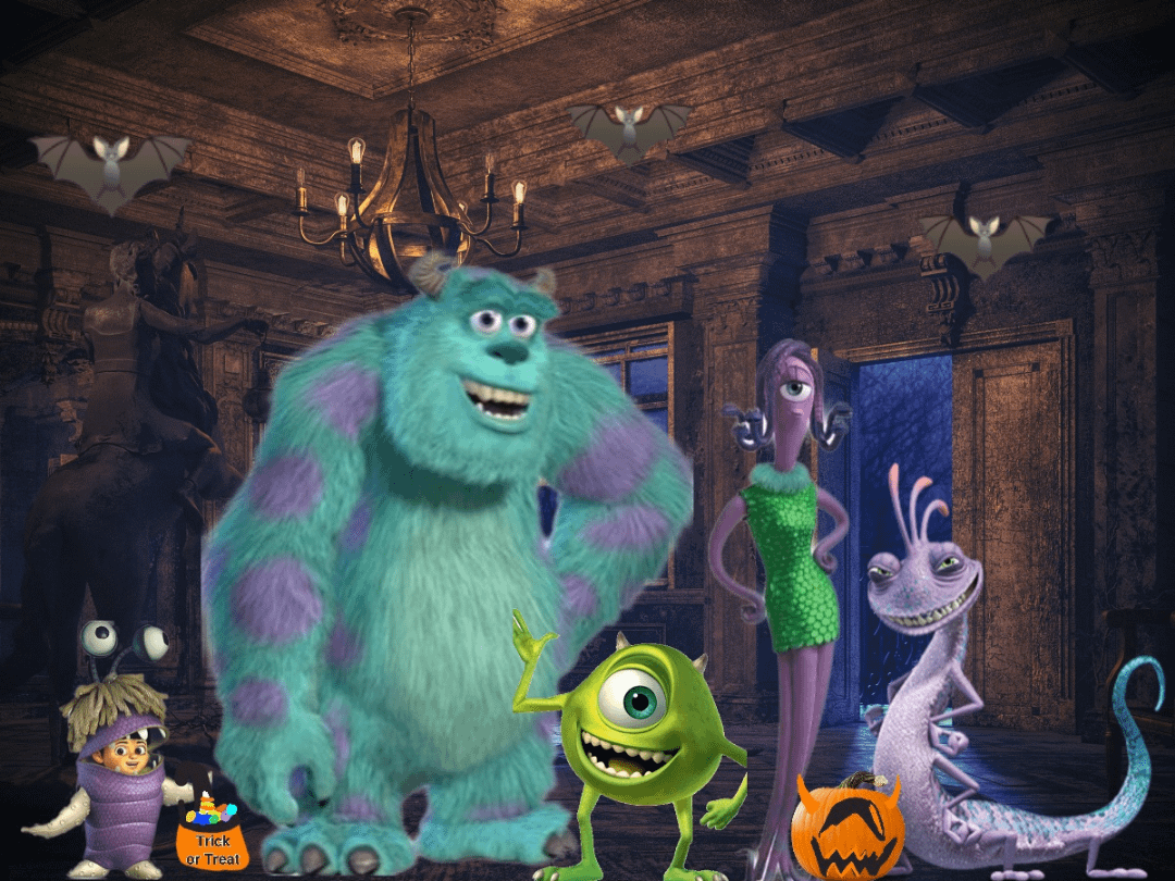 1080x810 Check out this Monsters inc inspired Halloween Wallpaper I made, Boo, Sulley Mike Wazowski, Celia and Randall are hanging out in an abandoned house on Halloween night