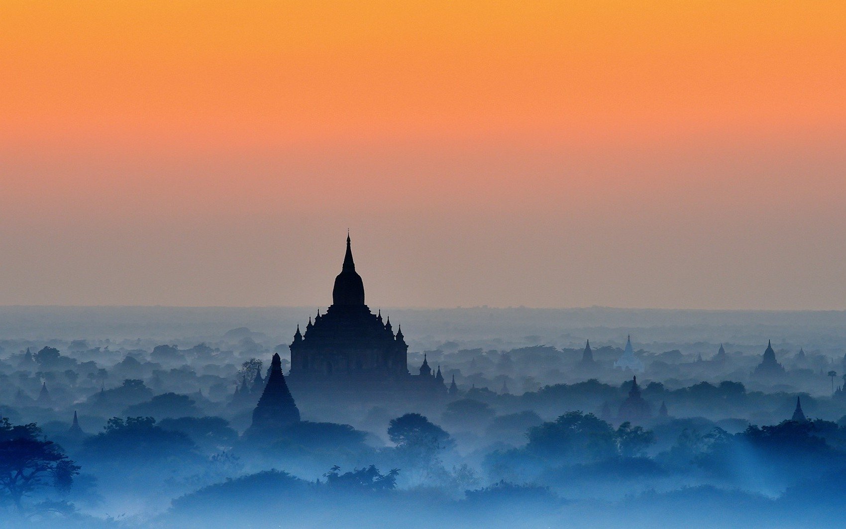 1700x1063 nature, Landscape, Bagan, Sunrise, Temple, Mist, Blue, Trees, Amber, Sky, Buddhism, Myanmar Wallpaper HD / Desktop and Mobile Background