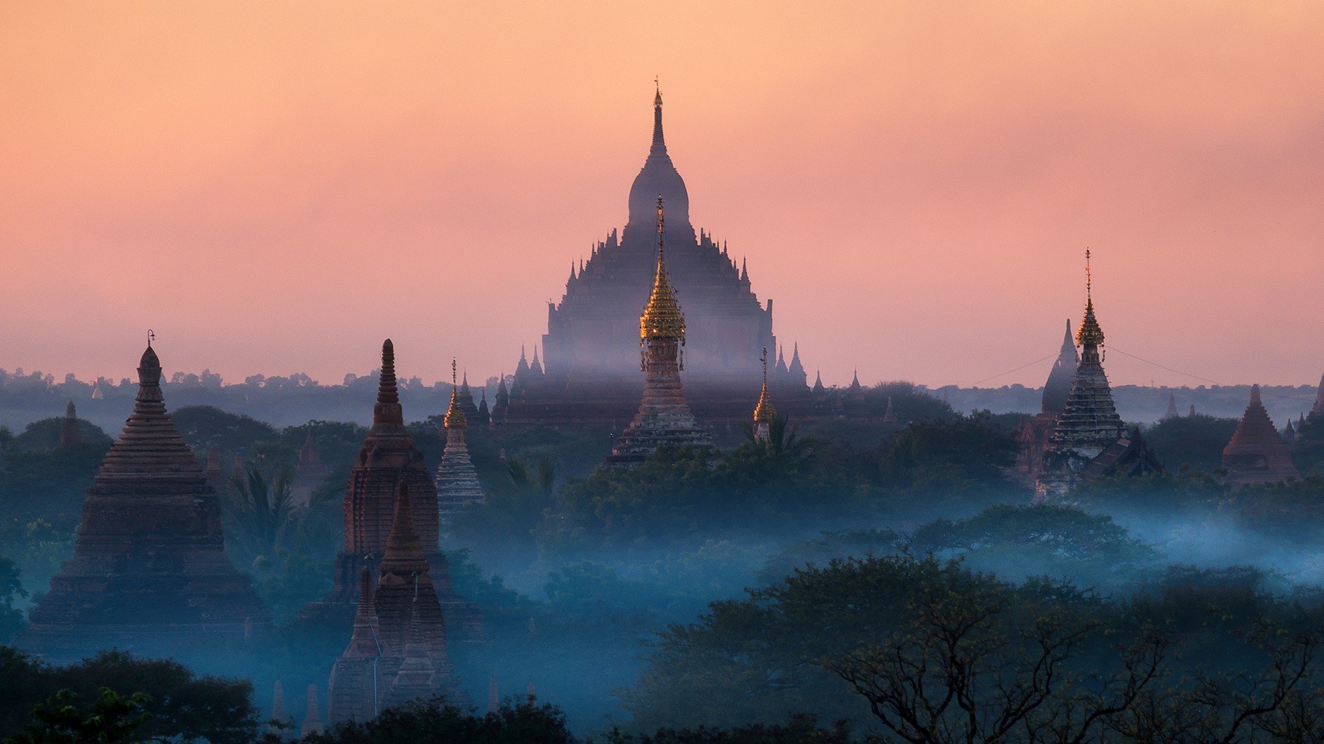 1920x1080 nature, Landscape, Sunrise, Temple, Mist, Buddhism, Tropical Forest, Sunlight, Blue, Myanmar, Architecture Wallpaper HD / Desktop and Mobile Background