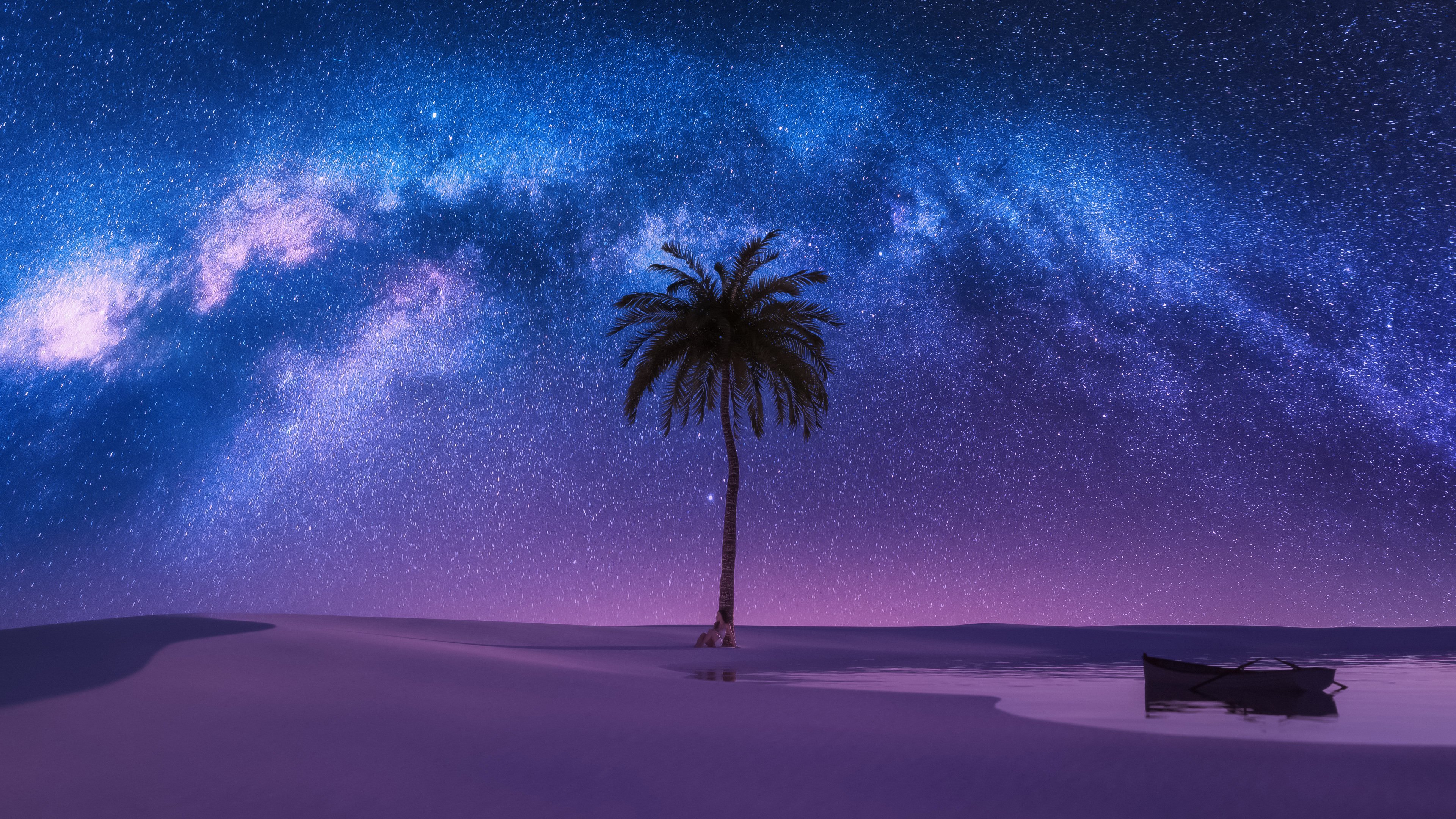 3840x2160 Milky Way Wallpaper 4K, Nightscape, Palm tree, Surreal
