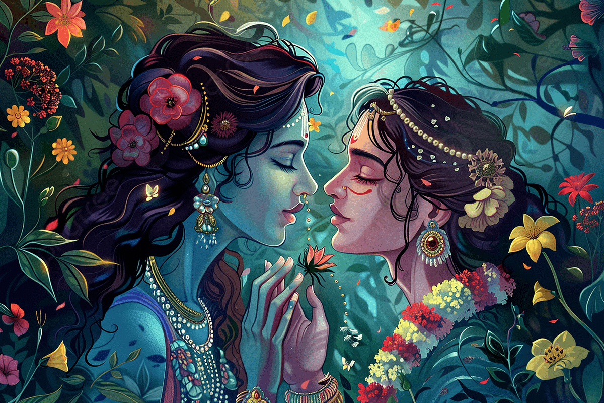 1200x800 Illustration Of Radha Krishna In Love With Flowers Forest Clip Art, Beautiful, Radha Krishna, Background Background Image And Wallpaper for Free Download