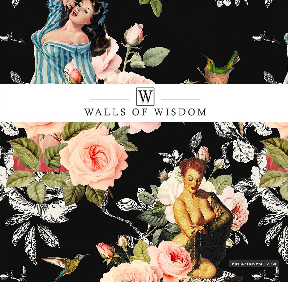 1200x1176 Pinup Girl & Moody Pink Rose Hummingbird Wallpaper Peel & Stick Decor