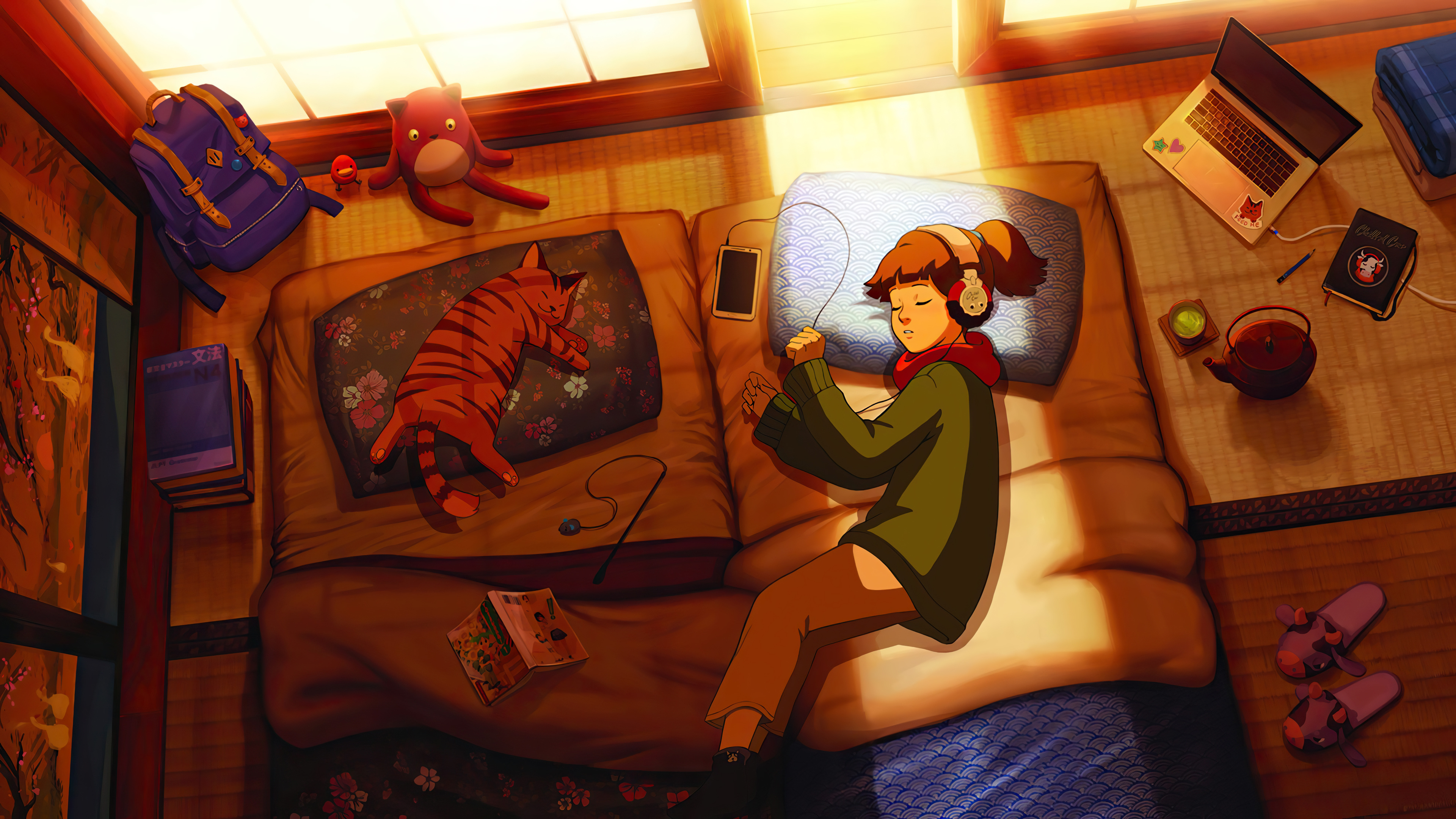 3840x2160 Girl and cat sleeping afternoon Lofi Art Wallpaper 4k for Desktop