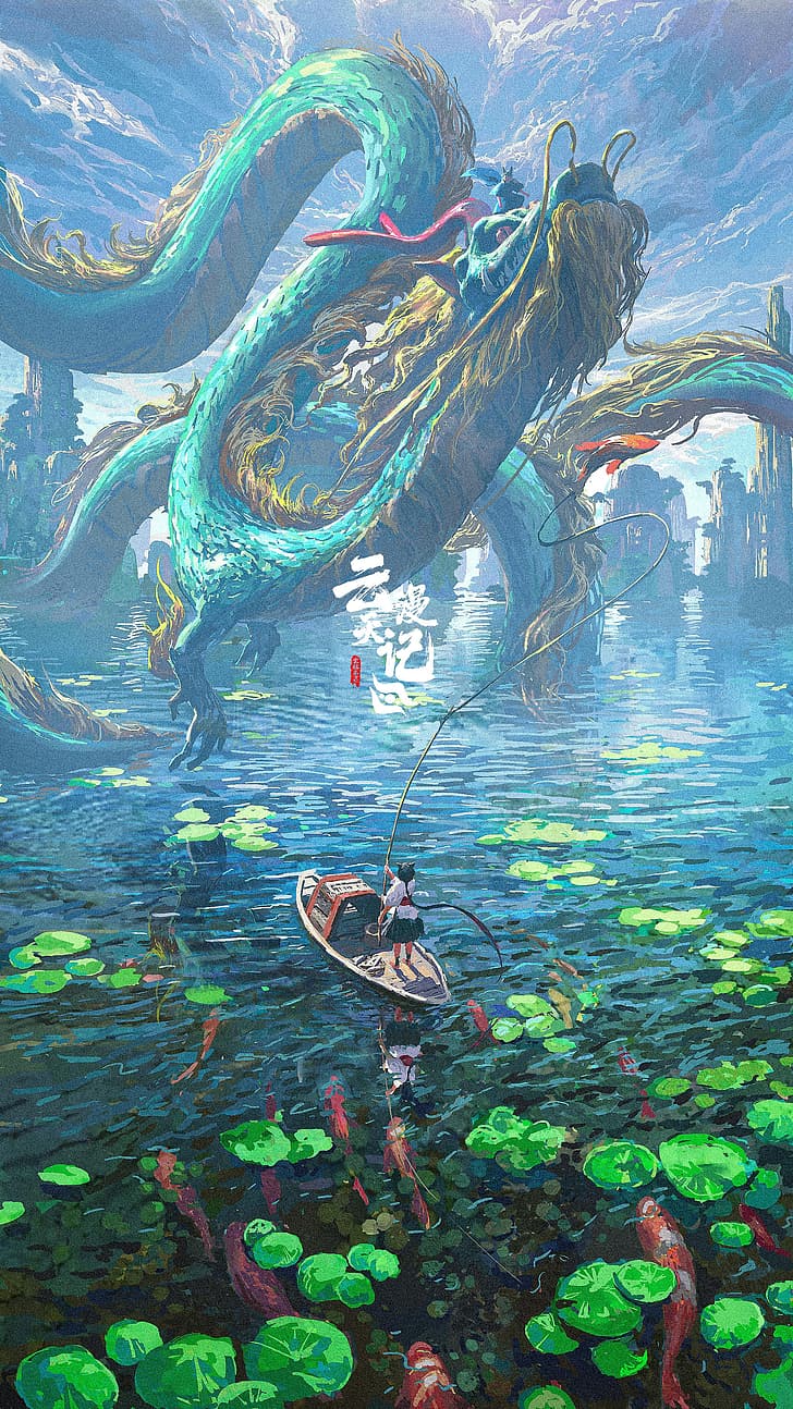 728x1294 750x1334px. free download. HD wallpaper: artwork, water, dragon, boat, carp, mountains