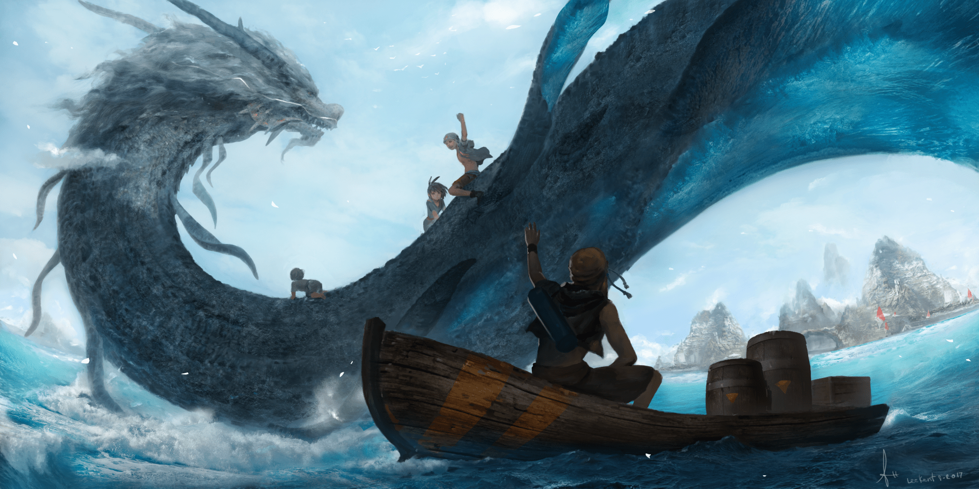 1920x960 Mystical Voyage: Child's Journey on the Chinese Dragon Boat Fantasy Wallpaper