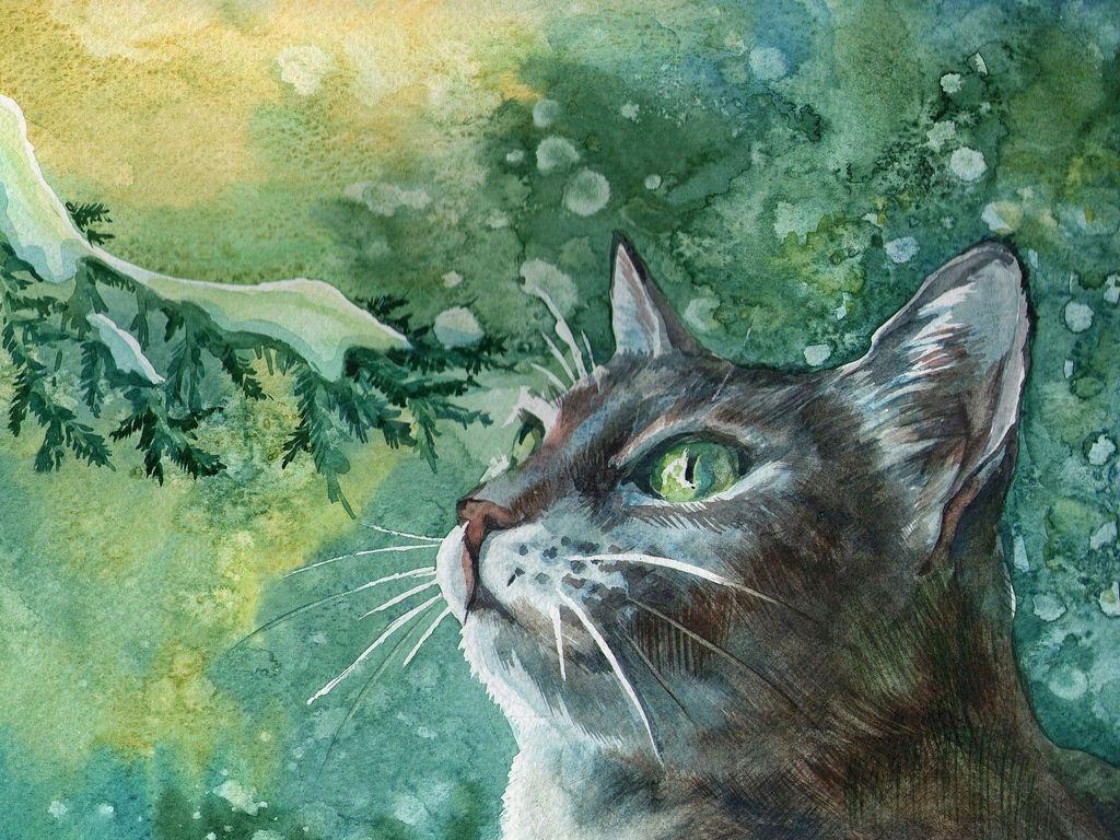 1024x768 Download wallpaper 1024x768 cat, paint, painting, branch, snow