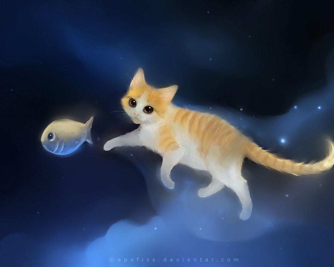 1280x1024 Wallpaper Cat chasing fish in the sky of painting 1920x1080 Full