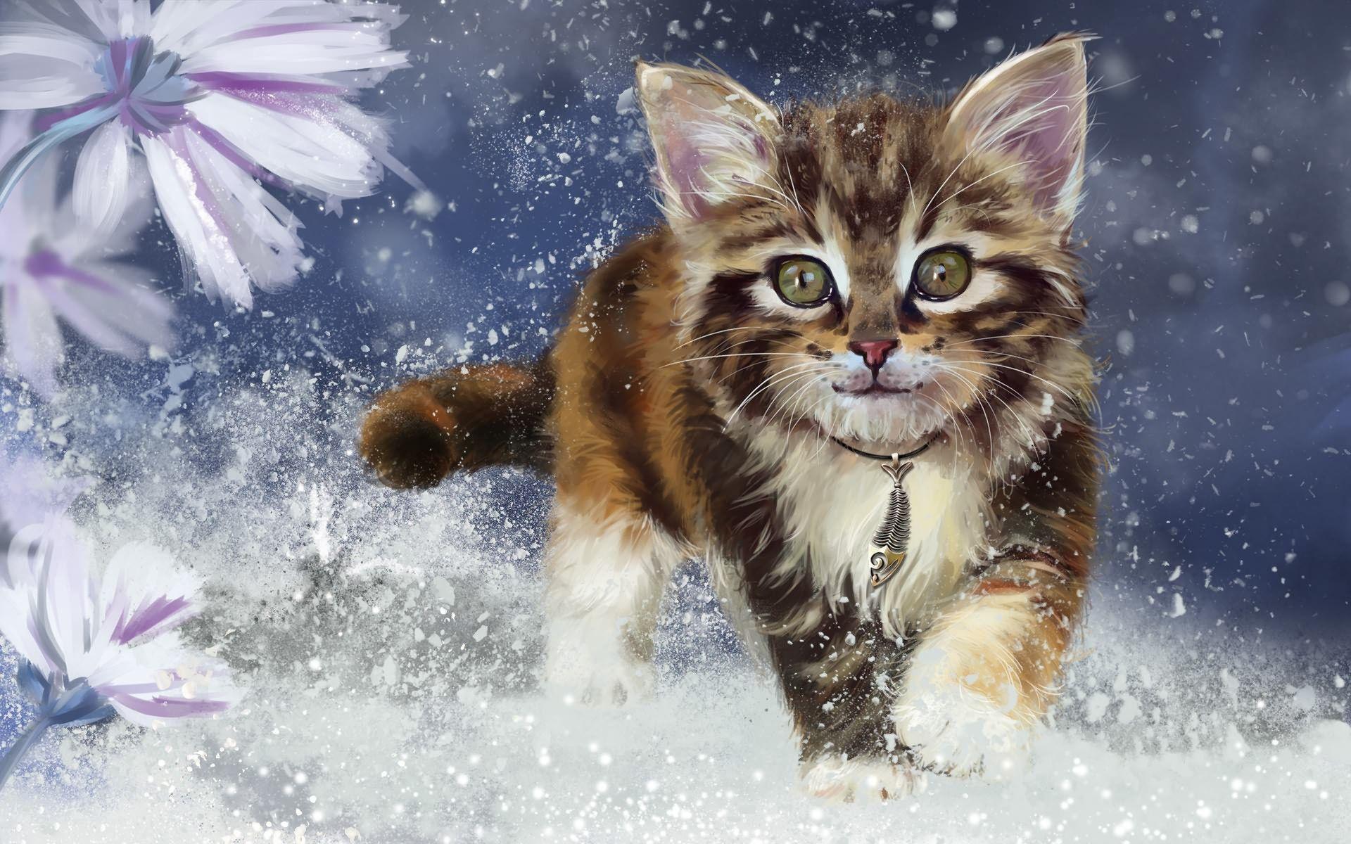 1920x1200 Sweet Kitty Cat Snowy Flowers wallpaper. Sweet Kitty Cat Snowy