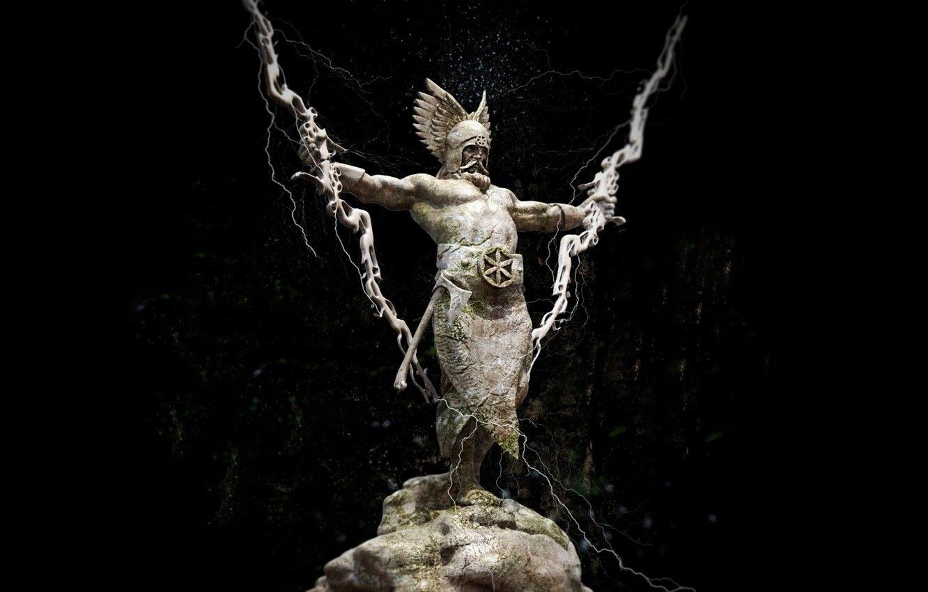 1332x850 Wallpaper Statue, Helmet, Zipper, Black background, Axe, The God