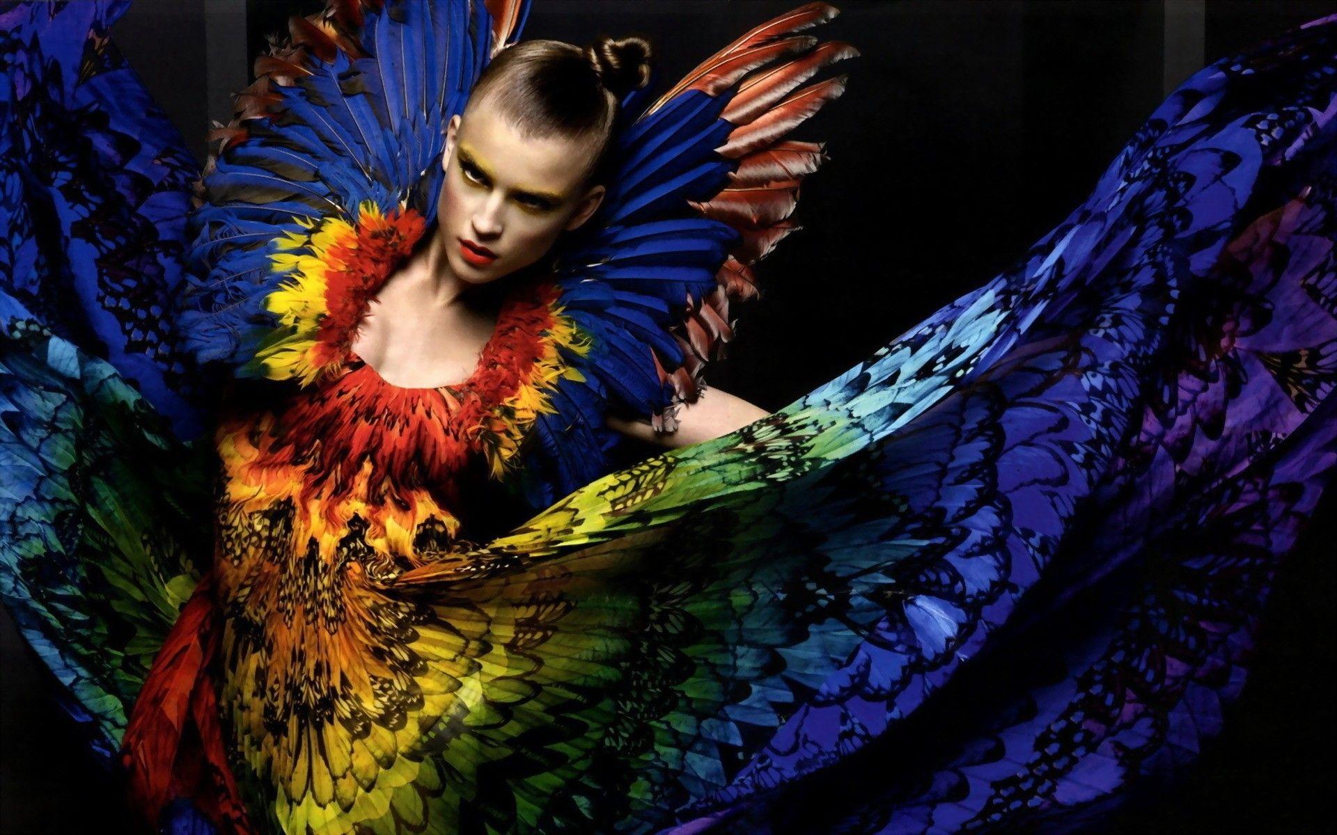 1920x1200 women multicolor models fashion feathers fashion photography