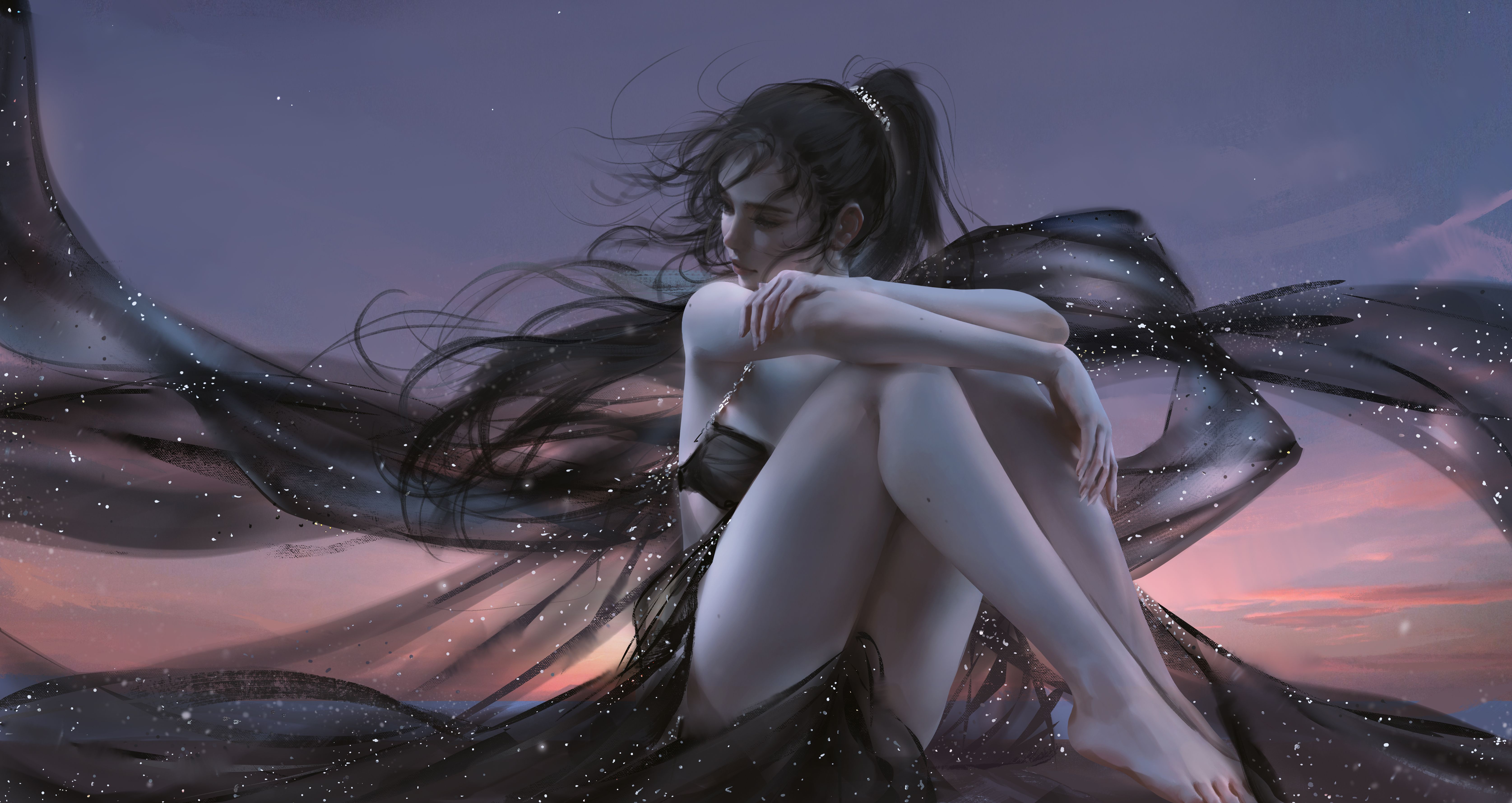 6700x3559 Anime girl Wallpaper 4K, Relaxing, Alone, Thinking