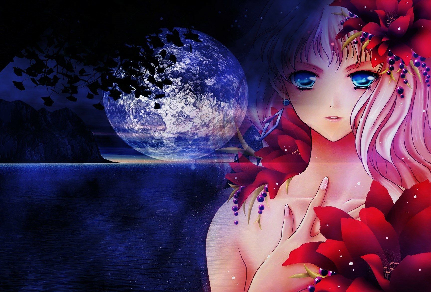 1728x1172 Moonlit Fantasy: Blue Eyed Anime Girl HD Wallpaper