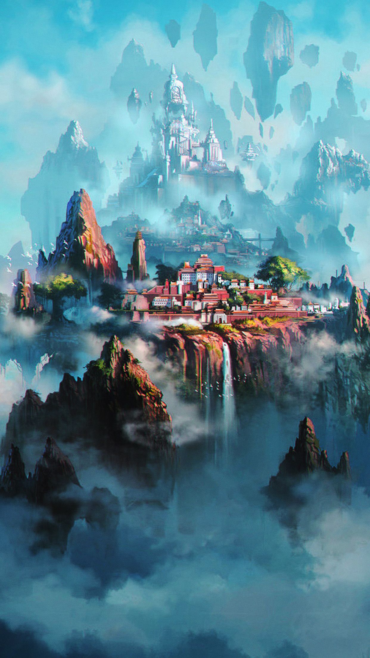 1242x2208 iPhone X wallpaper. cloud town fantasy anime liang xing illustration art green