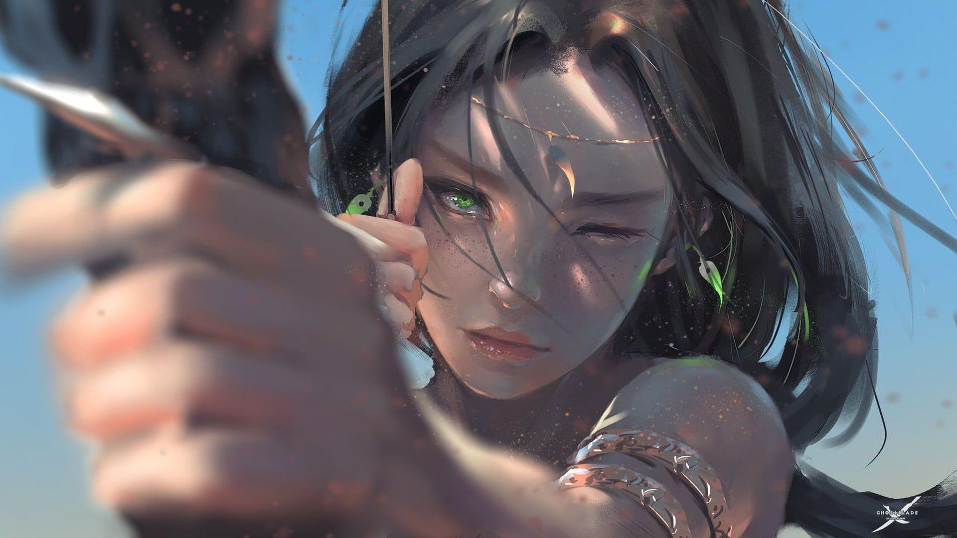 1920x1080 Female anime character holding a bow 3D wallpaper HD wallpaper