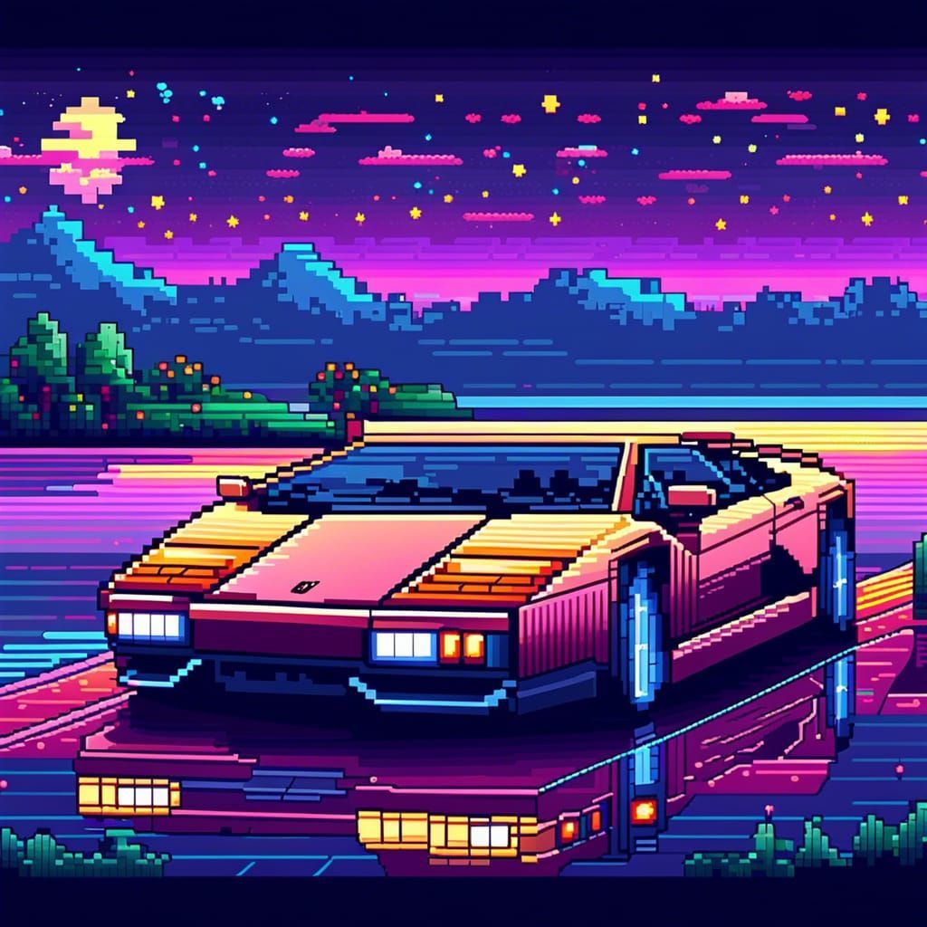 1024x1024 8 Bit Lamborghini In Starry Pixel Art Scenery