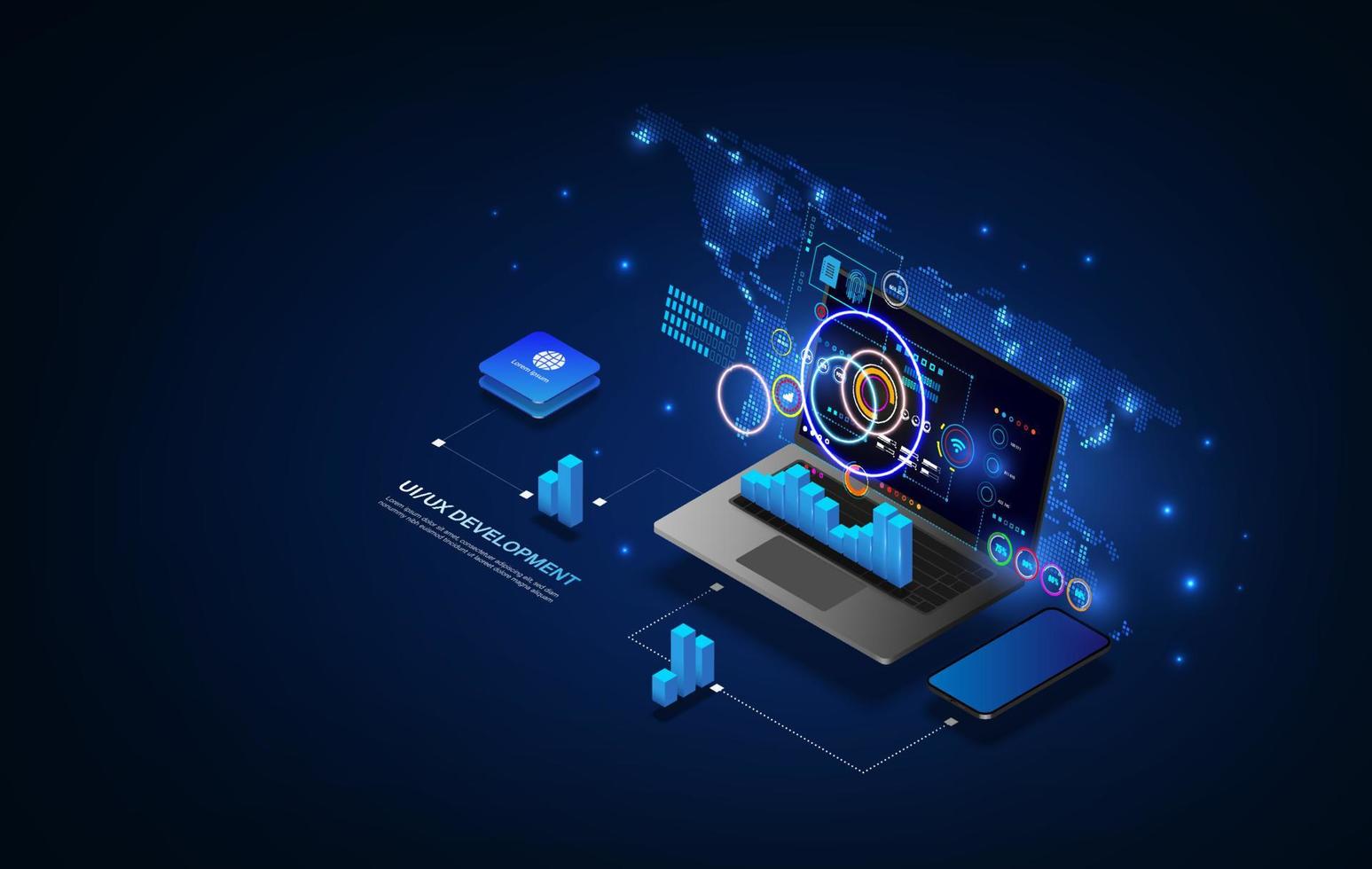 1547x980 Web development and coding. Cross platform development website. Adaptive layout internet page or web interface on screen laptop, tablet and phone