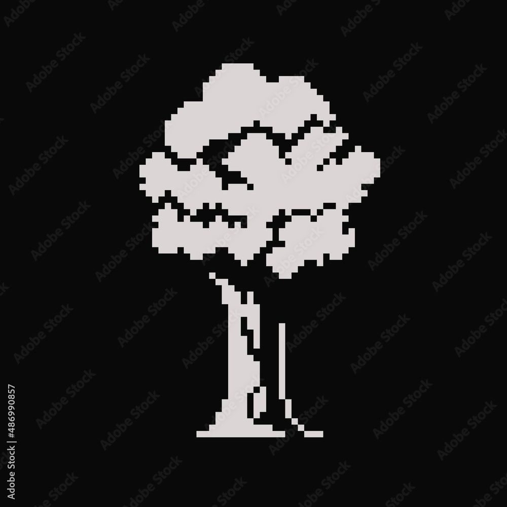 1000x1000 Pixel art 1 Bit of white tree, with black background. Wallpaper natural cartoon illustration. Stock Illustration