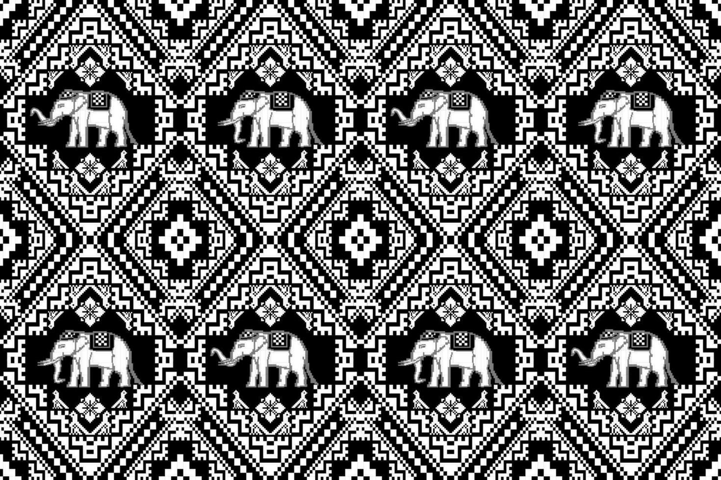 1470x980 Traditional Thai Elephant Black and White Pixel Art Seamless Pattern. Vector design for fabric, carpet, clothing, embroidery, wallpaper, and background