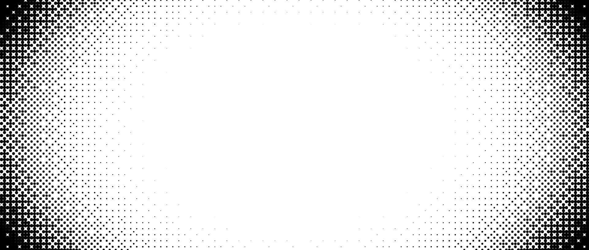 1920x815 Pixelated radial gradient texture. Black and white bitmap dither central background. Abstract fade glitchy pattern. game screen wallpaper. Retro pixel art. Halftone wide border