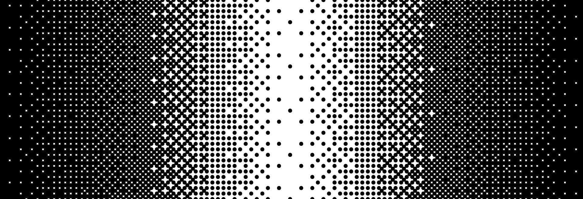 1920x658 Fading bitmap gradient texture. Black and white dither pattern background. Abstract pixelated glitchy pattern. 8 bit game screen wallpaper. Vanishing halftone backdrop. Retro pixel art