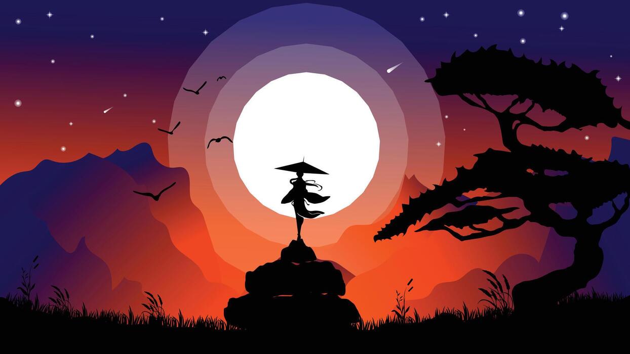1244x700 kunoichi samurai girl japan wallpaper 4K desktop. samurai and witch background. sunset vibe and full moon. landscape view illustration vector background