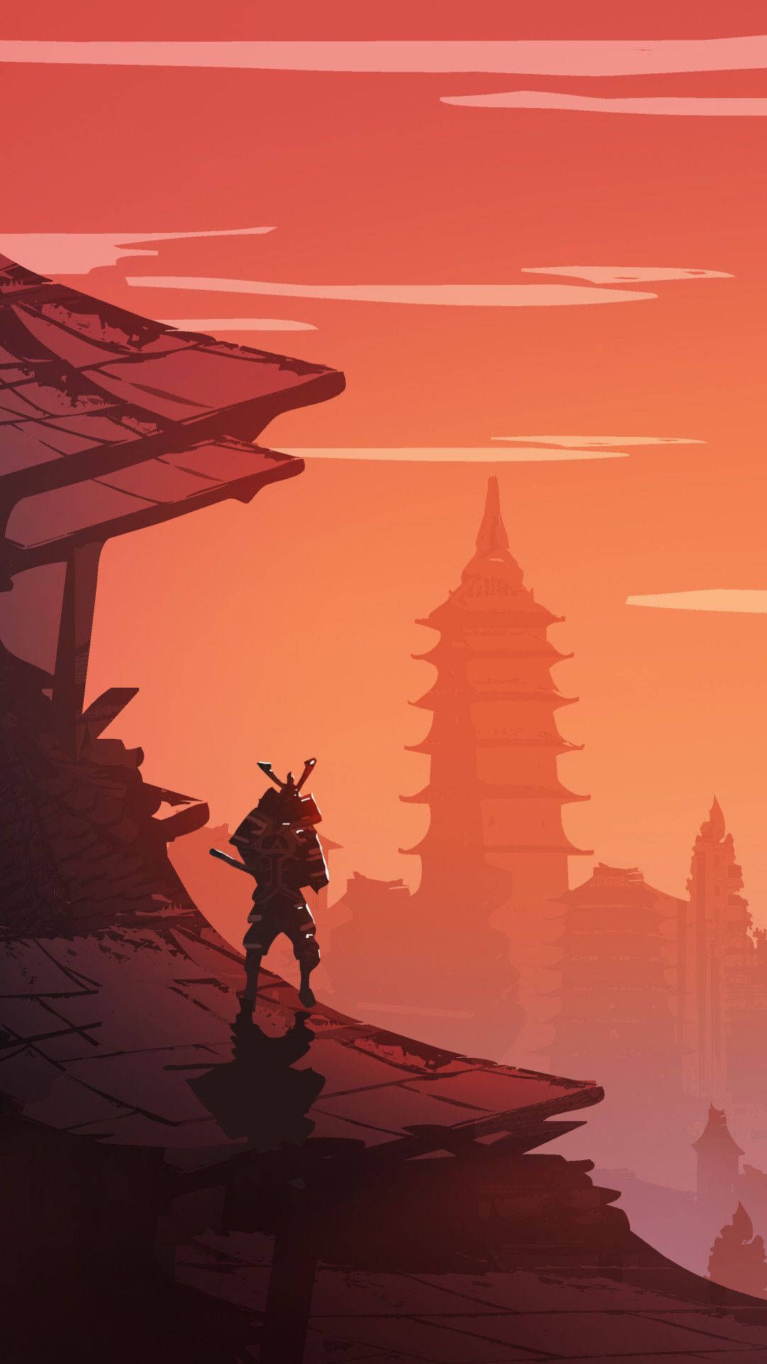 1080x1920 Download Japanese Samurai Sunset Temple Wallpaper