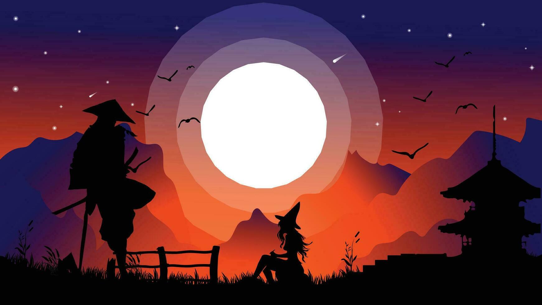 1742x980 Samurai fighting silhouette wallpaper 4K desktop. samurai fighting background. cool vibe and full moon. landscape view illustration vector background