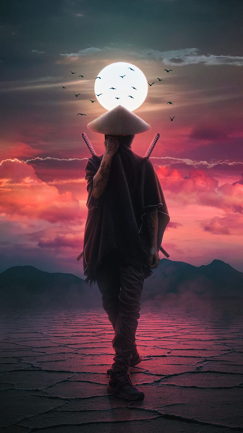 800x1422 Samoray, japanese, japan, warrior, sunset, believe, tradition, birds, sun, HD phone wallpaper