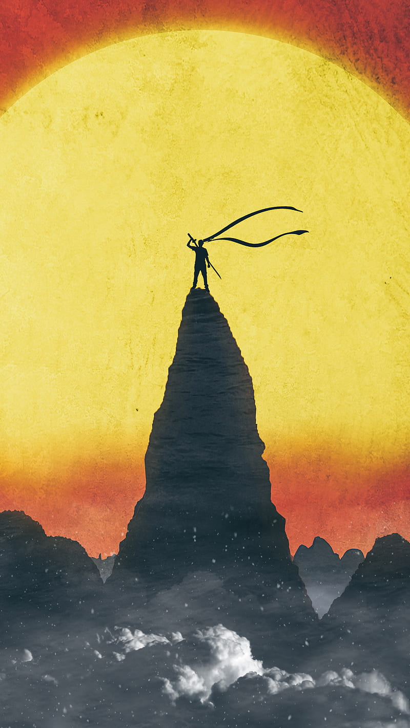 800x1422 Samurai, Circlestances, japan, clouds, painting, sun, sunset, yellow, HD phone wallpaper