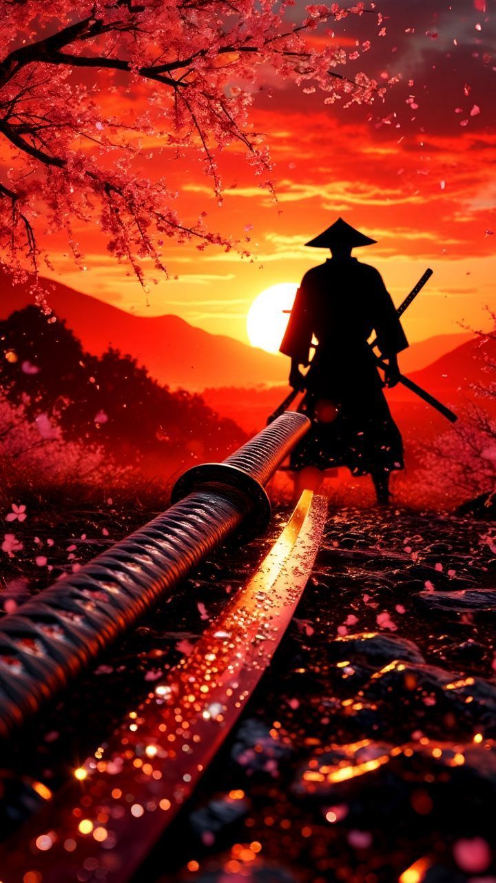 720x1280 free 4K wallpaper samurai, sunset, katana, sakura, mountains, art by ????????