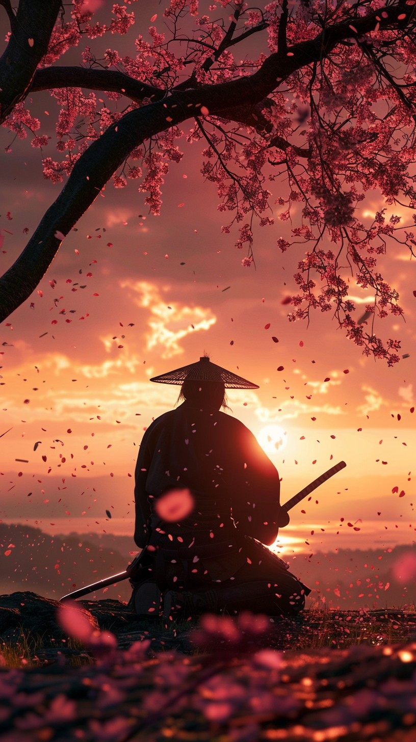 816x1456 Free Samurai at Sunset Image, Sunset, Blossoms
