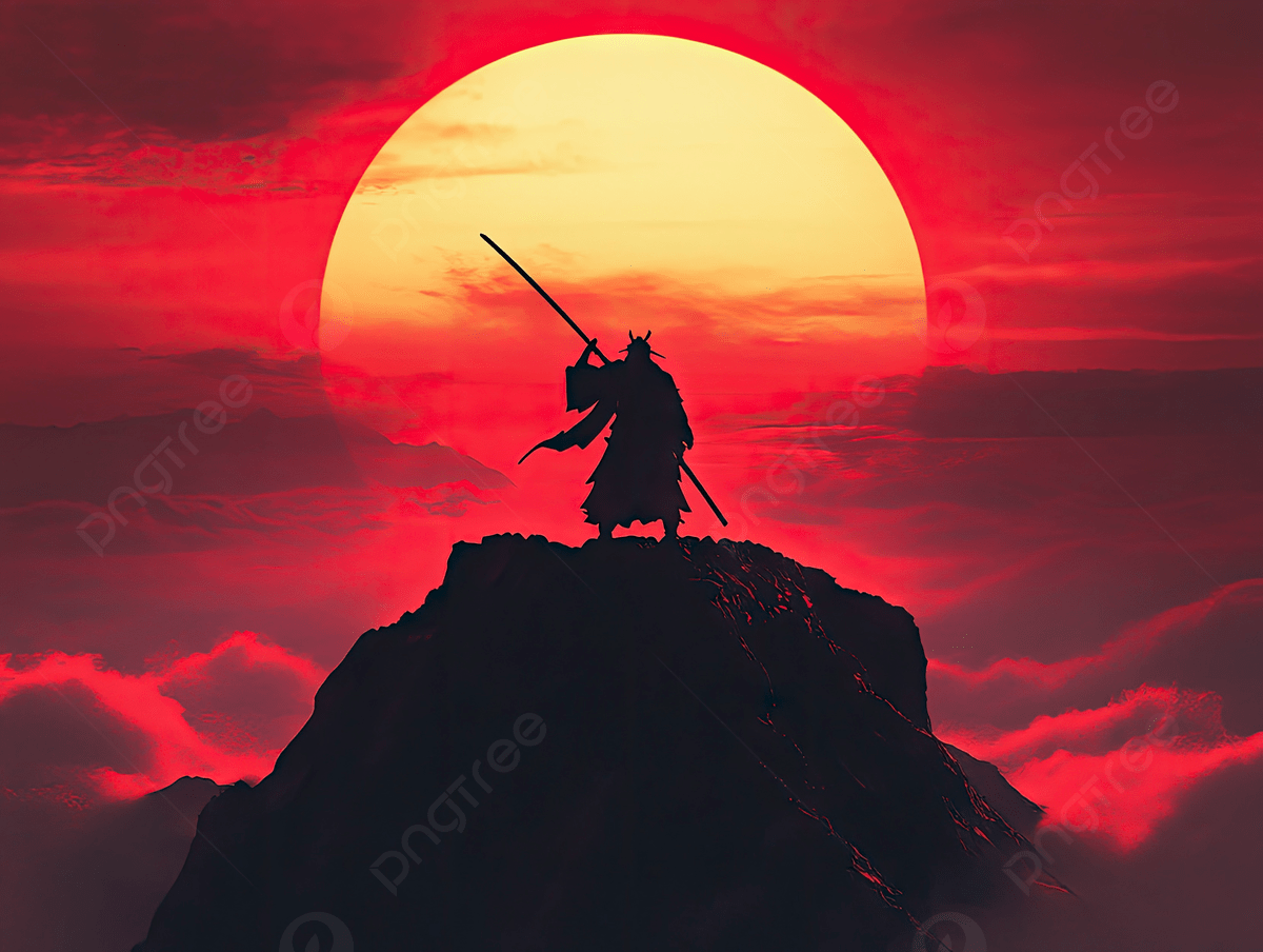 1200x904 A Samurai Standing On The Top Of Mountain Sword Raised High In Air Sky Is Red With Large Sun Behind Him, Samurai, Standing, Mountain Background Image And Wallpaper for Free Download