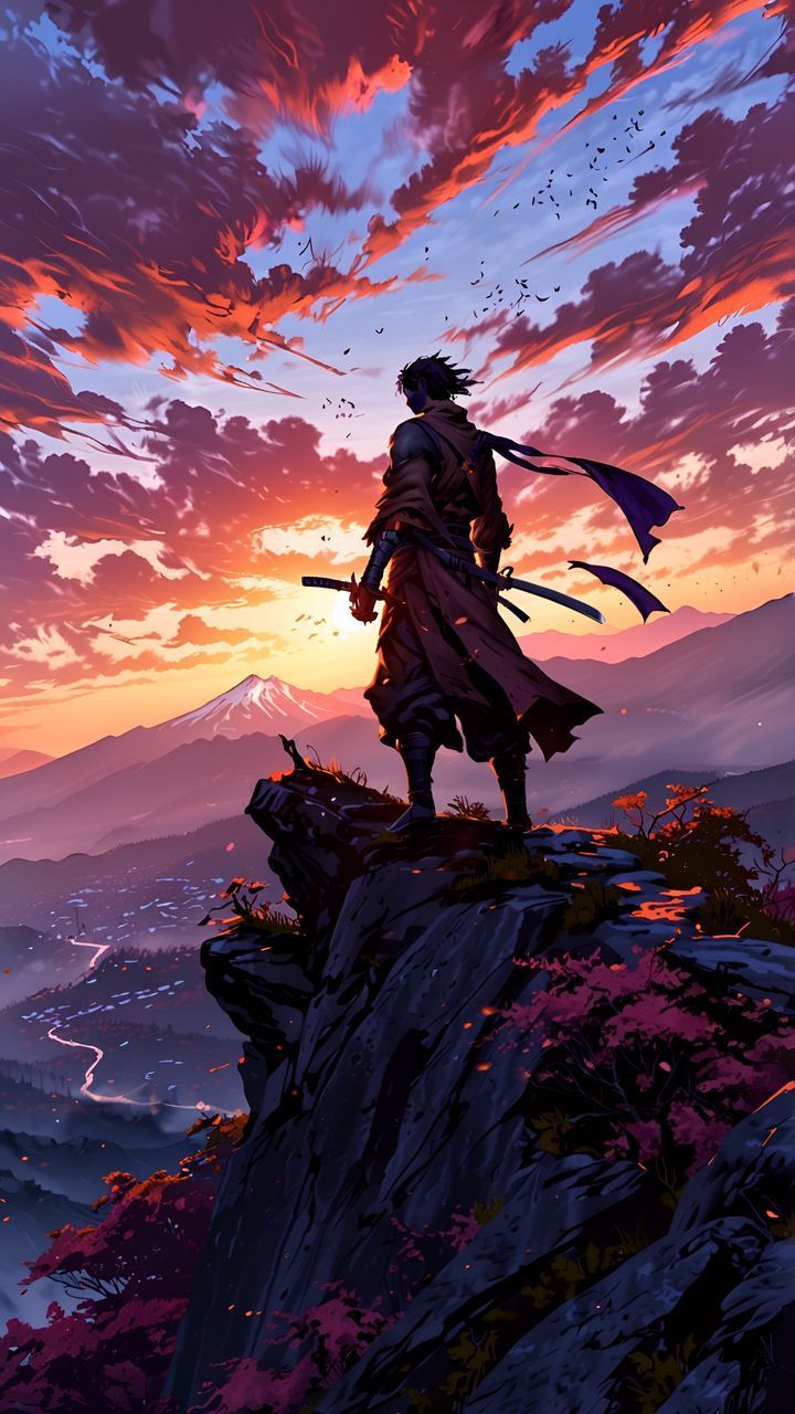 720x1280 free 4K wallpaper warrior, peak, mountains, clouds, sky, sunset, landscape, ai, art by ♤CRISTIAN♧¿